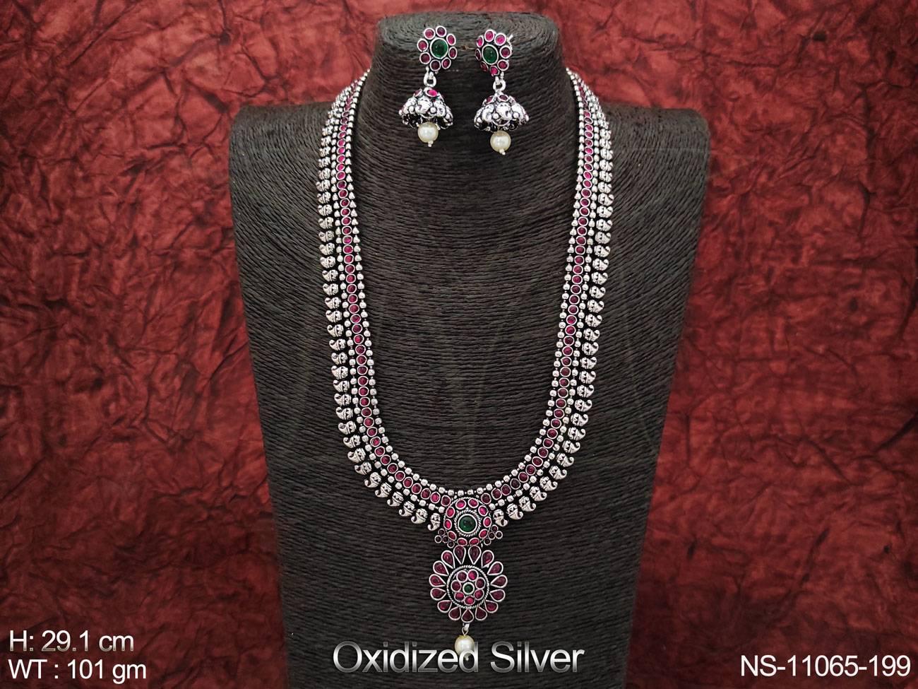 Oxidised Silver-Plated Peacock Feather Jewelry Set - Necklace & Earrings With Crystals For Women, Party Wear