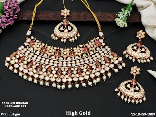Kundan Design  High Gold Polish Full Stone Necklace Set  