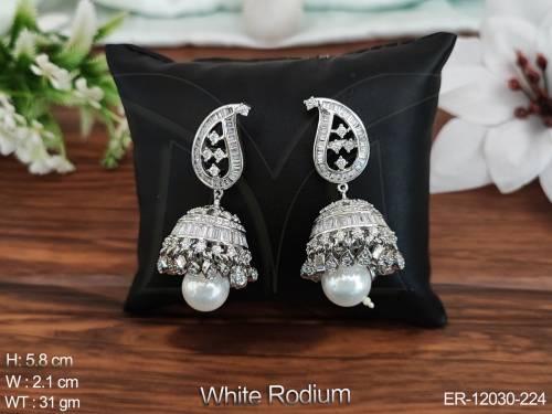 CZ AD Jewelry White Rodium Polish Designer Party Wear Fancy Design CZ AD Jhumka Earrings