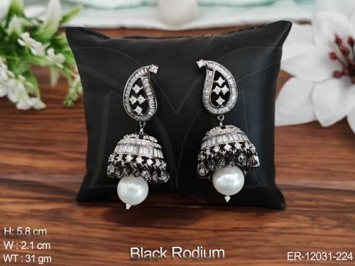 CZ AD Jewelry Black Rodium Polish Party Wear Designer CZ AD Jhumka Earrings 