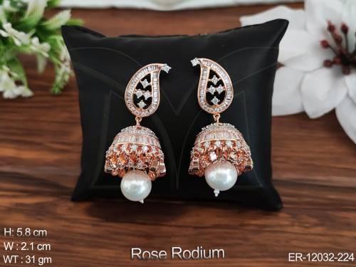 CZ AD Jewelry Rose Rodium Polish Designer Wear Fancy Design CZ AD Jhumka Earrings