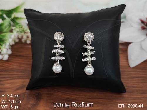 CZ AD Jewelry White Rodium Polish Designer Party Wear CZ AD Tops Studs Earrings