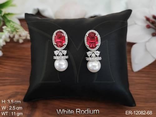 Cz Ad Jewelry White Rodium Polish Party Wear Fancy Design Cz Ad Stud Earrings 