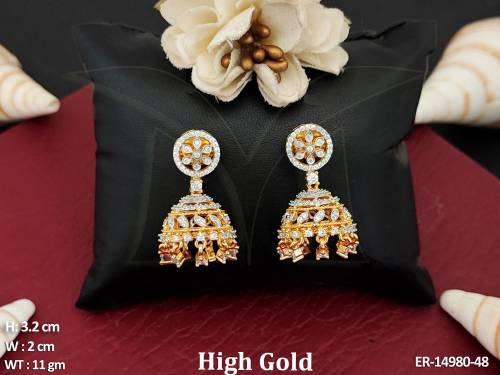 American Diamond High Gold Polish Party Wear Jhumka Earrings 