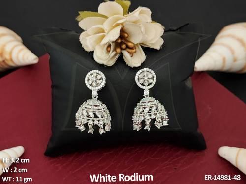 Designer Fancy Style White Rodium Polish  Party Wear Jhumka Earrings  