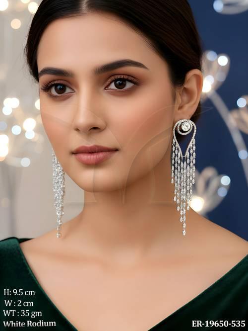 White Rodium American Diamond Long Earrings