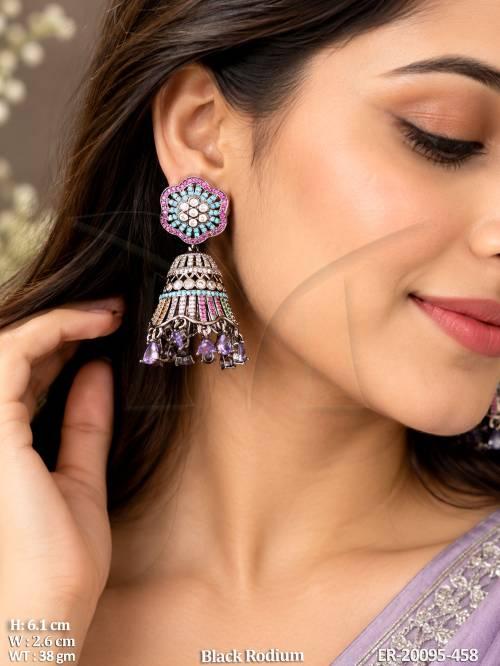 Black Rodium Floral Jhumka Earrings