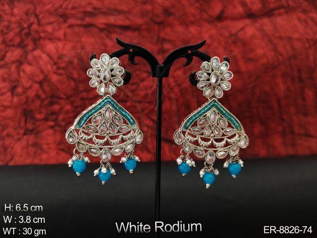 AD / Cz Beautiful full white stones white Rodium Designer Clustered Pearl Tassels Party wear Fancy Style Long Earring — ER-8826-74