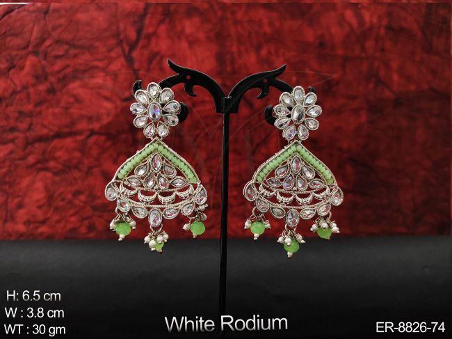 AD / Cz Beautiful full white stones white Rodium Designer Clustered Pearl Tassels Party wear Fancy Style Long Earring — ER-8826-74
