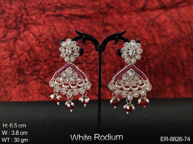 AD / Cz Beautiful full white stones white Rodium Designer Clustered Pearl Tassels Party wear Fancy Style Long Earring — ER-8826-74
