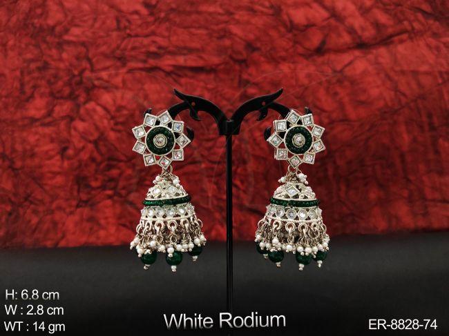 Designer Fancy Style Beautiful Cz / AD full white stones white Rodium Polish Party wear Long Jhumka Earring — ER-8828-74