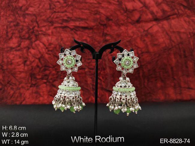 Designer Fancy Style Beautiful Cz / AD full white stones white Rodium Polish Party wear Long Jhumka Earring
