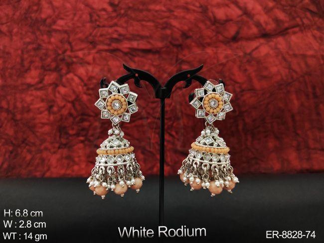 Designer Fancy Style Beautiful Cz / AD full white stones white Rodium Polish Party wear Long Jhumka Earring — ER-8828-74