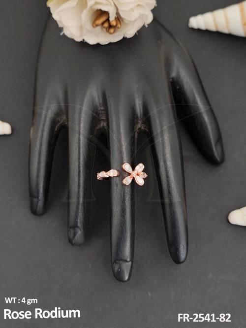 American Diamond Rose Rodium Polish New Trending AD CZ Finger Ring 
