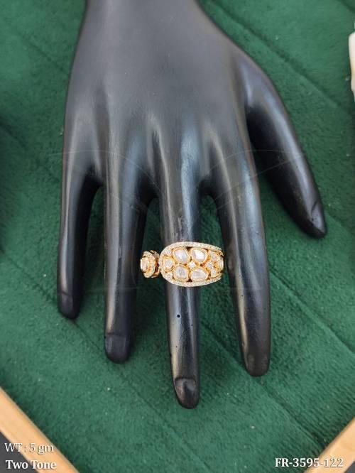 Two Tone Kundan AD Finger Ring with Oval Stones