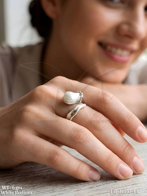 Elegant White Rhodium Pearl Statement Ring for Women