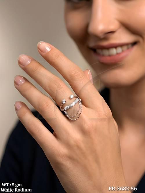 White Rhodium American Diamond Double Chain Finger Ring