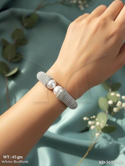 Premium White Rhodium Pearl Stone Party Wear Kada