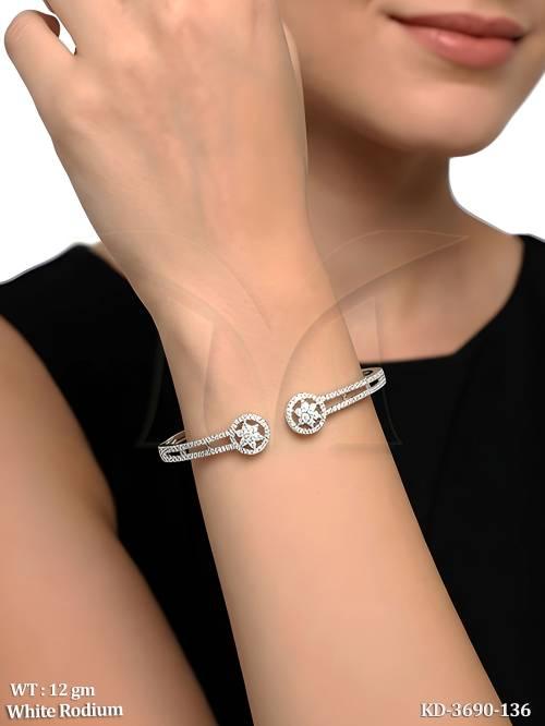 American Diamond White Rhodium Floral Open Kada