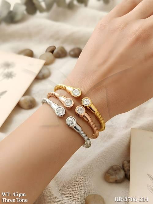 Three Tone CZ Stone Designer Open Cuff Kada Bracelet