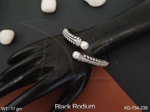 Beautiful Fancy Design Party wear Black Rodium Polish Cz Ad Stones American diamond Kada — KD-754-239