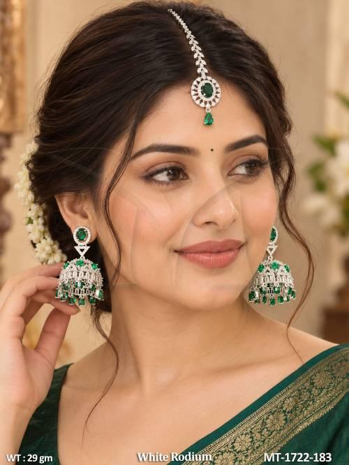Royal Emerald White Rodium Earrings Tikka Set