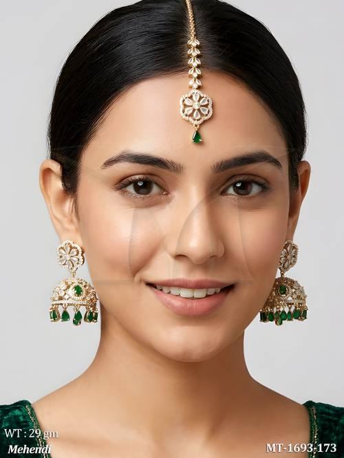 AD CZ Stone Mehendi Jhumka Earrings with Maang Tikka