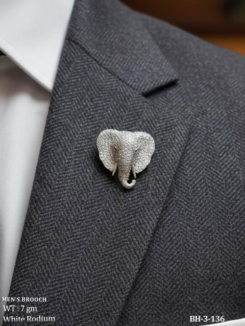 Designer Elephant Men’s Brooch White Rhodium Finish