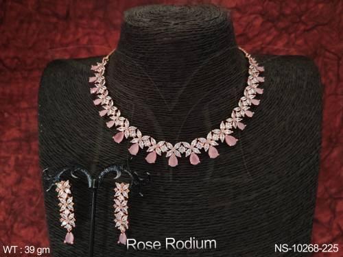 Rose Rodium Polish Designer Fancy style Party wear Cz AD Necklace Set 