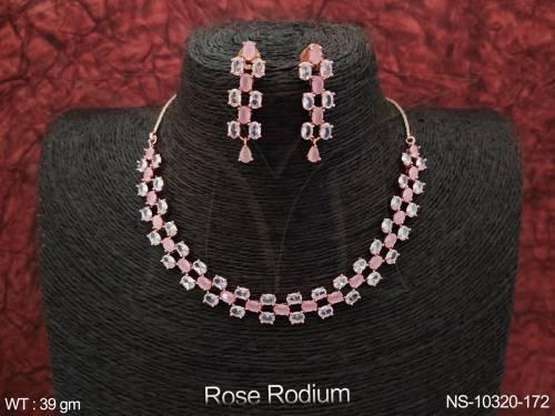 Rose Rodium Polish Designer Party wear Cz Ad Short Necklace Set 