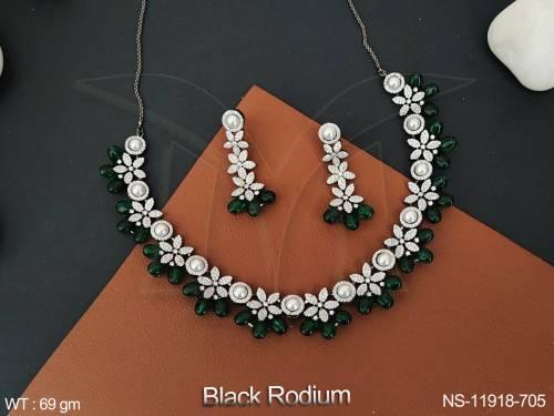 American Diamond Jewellery Black Rodium Polish Designer Wear Party Wear Short Necklace Set