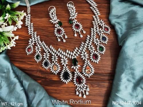 Cz Ad Full Stones White Rodium Polish Beautiful Party wear American Diamond Long Necklace Set 