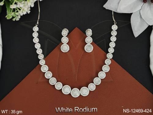 CZ AD Jewelry White Rodium Polish Polish Designer Wear CZ AD Short Necklace Set