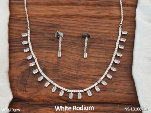 American Diamond Jewellery White Rodium Polish Full Stones American Diamond Short Necklace Set  — NS-13108-167