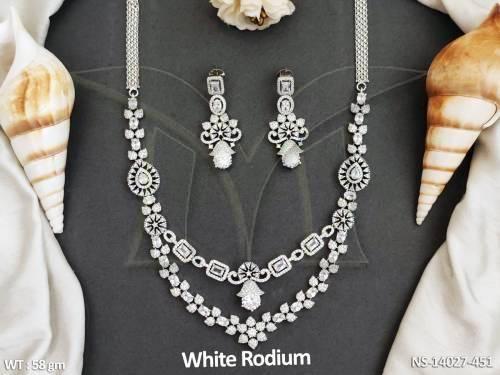 Full Stone Designer Wear White Rodium Polish AD Short Necklace Set