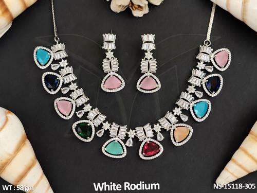Designer Fancy Full Stone AD CZ White Rodium Polish Party wear Necklace Set  
