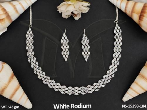 American Diamond Jewellery White Rodium Polish Full Stone Party Wear Necklace Set  