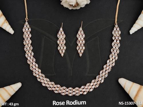 American Diamond  Rose Rodium Party Wear Necklace Set 