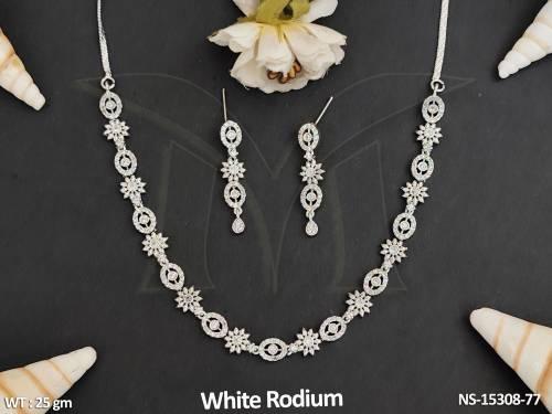 American Diamond White Rodium Polish Fancy Party Wear Necklace Set 