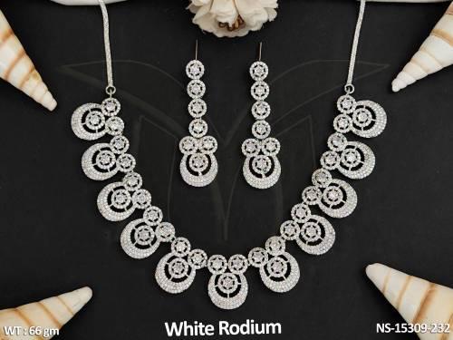 AD CZ White Rodium Polish Full AD Stone Party Wear Necklace Set  