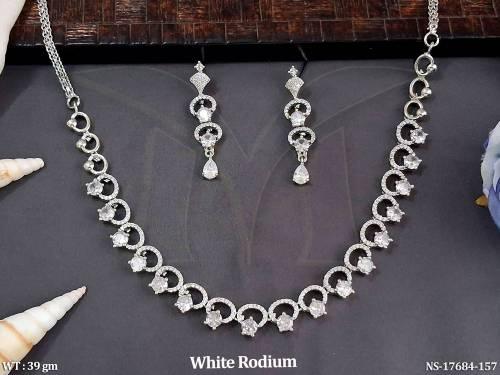Premium White Rhodium Polished American Diamond Necklace Set  with Sparkling CZ Stones