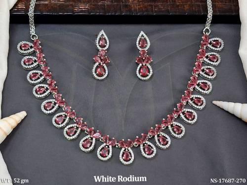 Designer American Diamond Necklace Set White Rhodium Finish with Sparkling CZ Stones