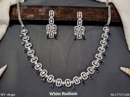 Fancy AD Necklace Set with Blue Pear Drop Stones White Rhodium Polish