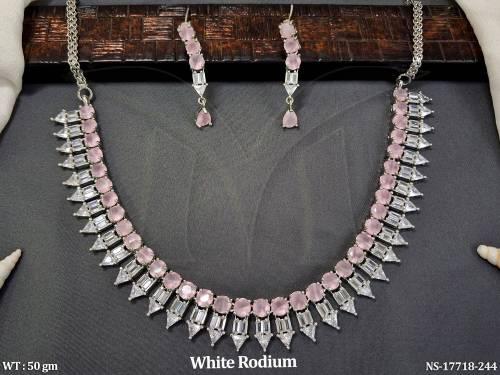 American Diamond Necklace Set in White Rhodium Finish 