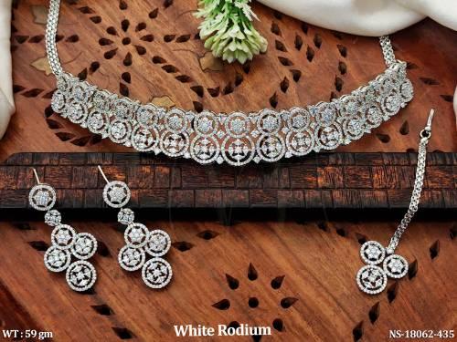 CZ Stone Design White Rodium Polish Party Wear Necklace Set   