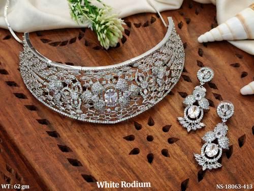 Designer CZ AD Stone White Rodium Polish Fancy Style Necklace Set   