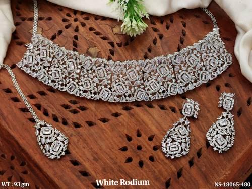 American Diamond  White Rodium Polish Choker Necklace Set   