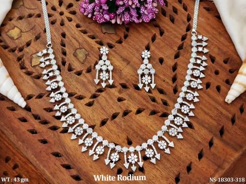American Diamond Full Stone AD White Rodium Party Wear Necklace Set   