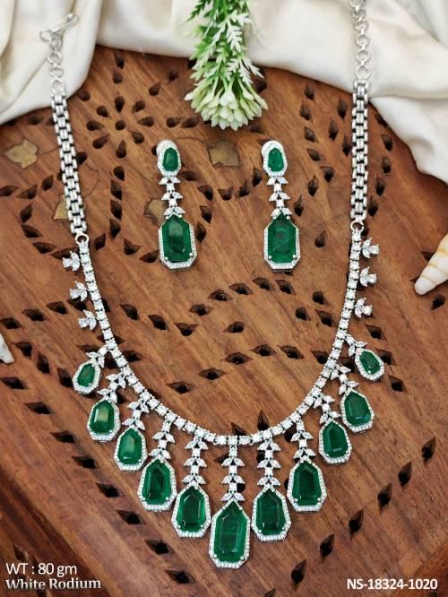 CZ Full Stone White Rodium Polish Design Long Necklace Set  