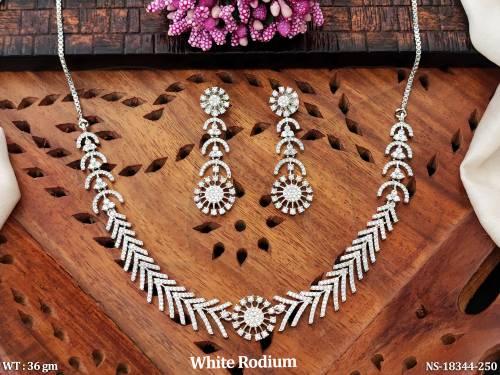 AD   Full Stone White Rodium Polish Short Necklace Set  